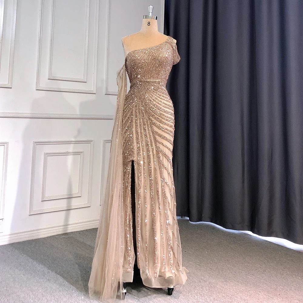 Serene Hill Caramel One-Shoulder Cape Sleeve Evening Dress